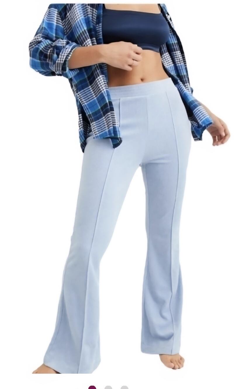 Aerie Groove-On Ribbed Velour Flare Leg Pants Size M Long Sky Blue High Waist
